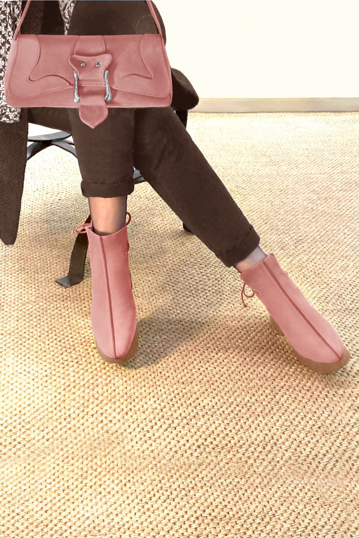 Dusty rose pink women's ankle boots with laces at the back. Round toe. Low rubber soles. Top view - Florence KOOIJMAN